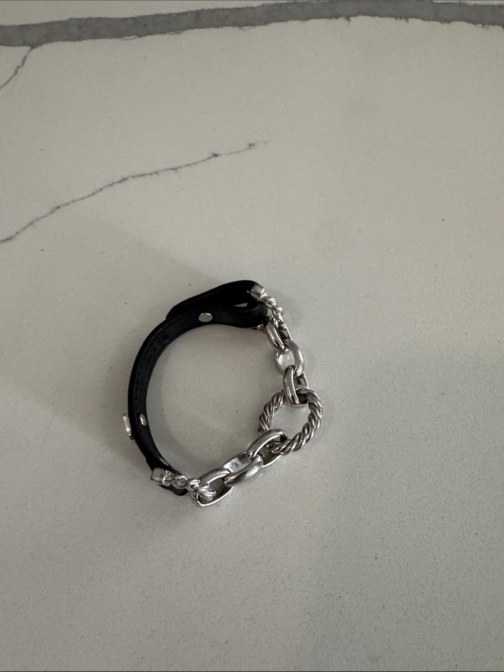 Guess Chunky Silver Chain Bracelet with Black Leather Strap